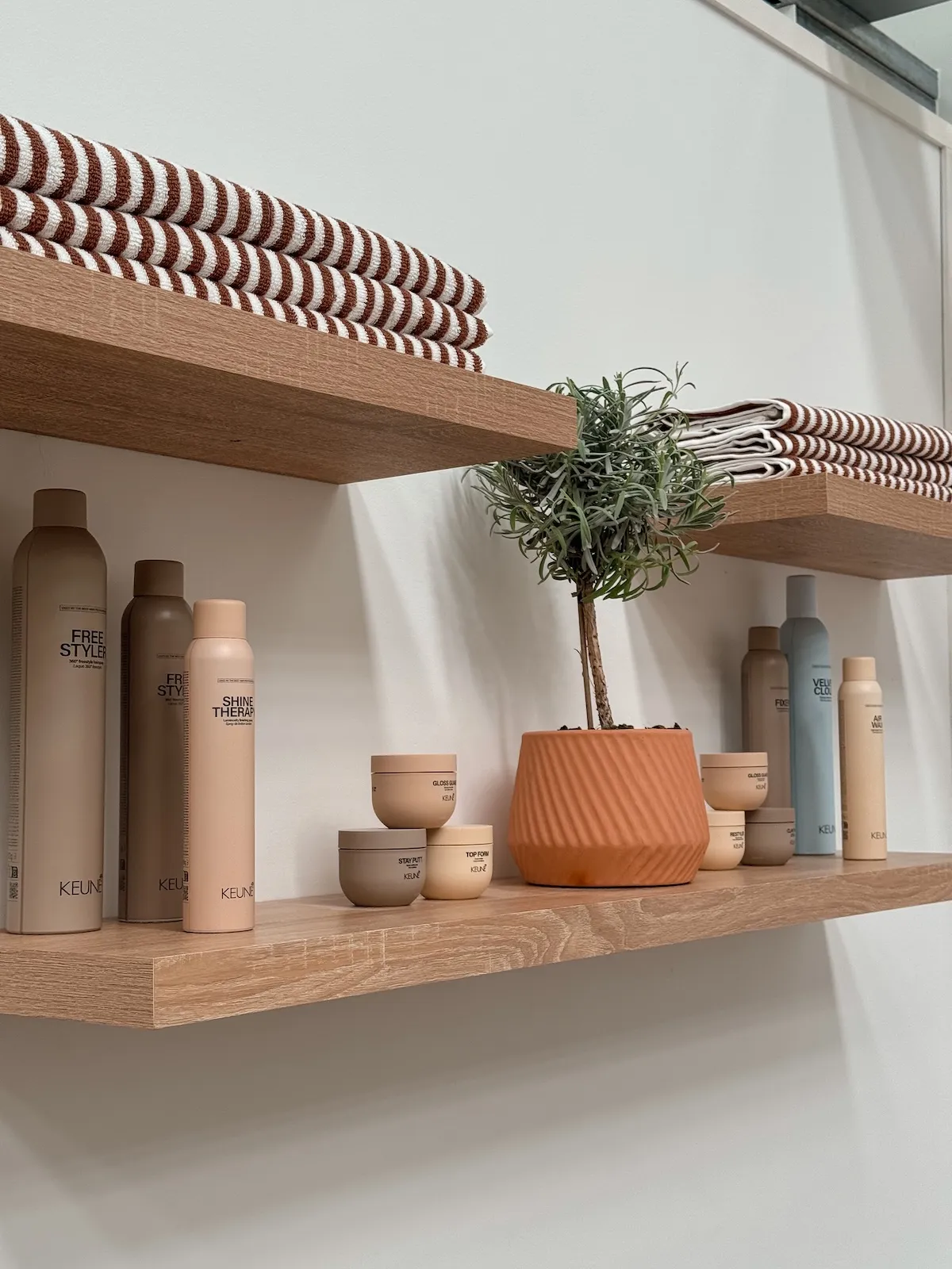 Oak shelving with hair products