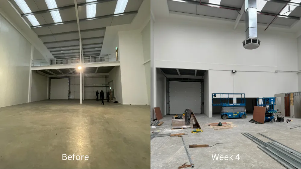 before and after picture of warehouse renovation