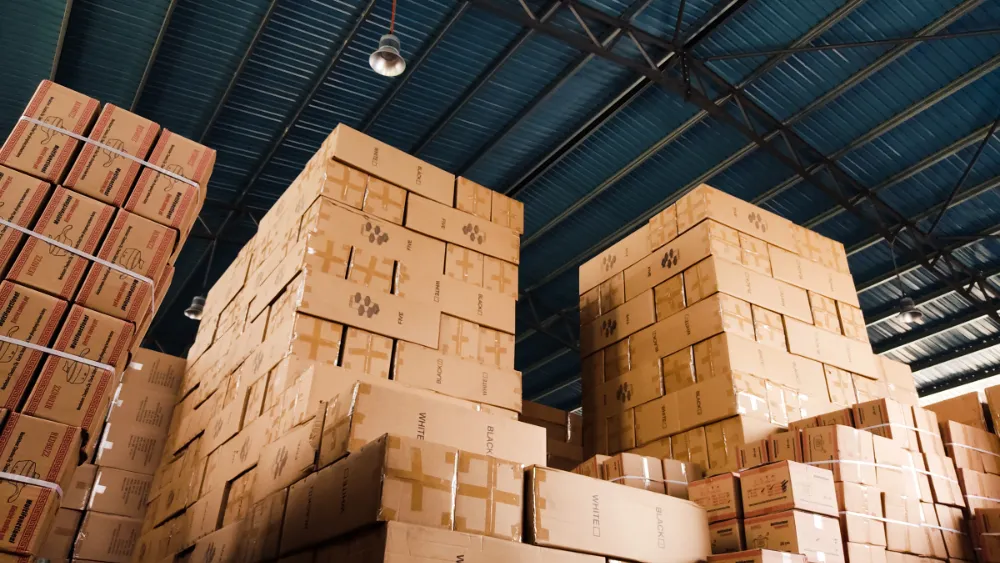 boxes stacked in a warehouse