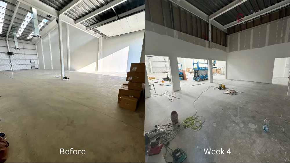 before and after picture of warehouse renovation