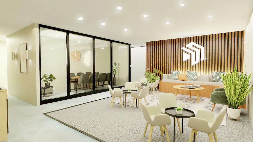 The Native Space lounge — a bright, communal area with seating, plants and a meeting room visible behind glass