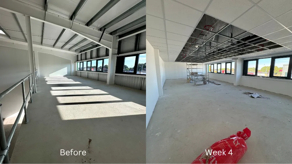 before and after picture of warehouse renovation