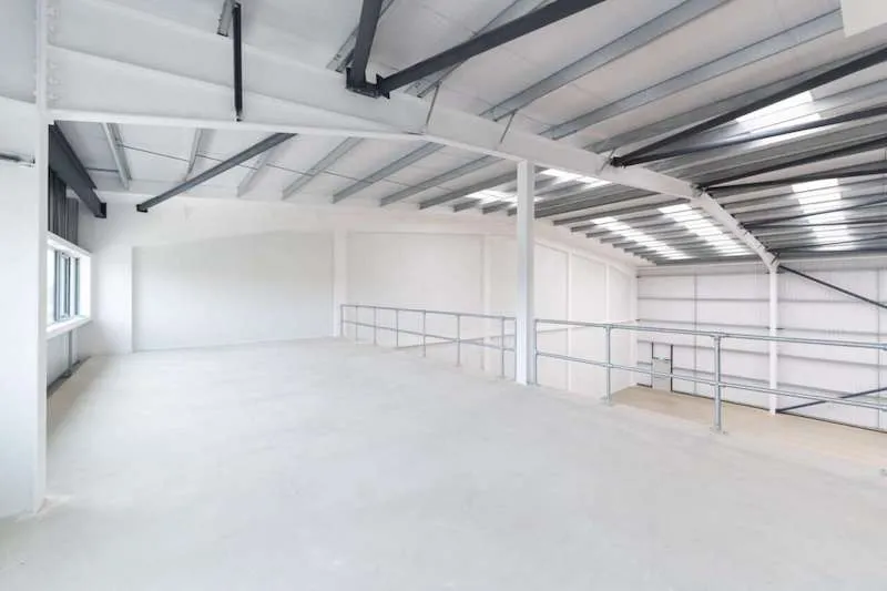 Inside a new unit on Bourges View Business Park, Maskew Avenue. Showing the fresh and light ambience from the mezzanine floor of a brand new unit