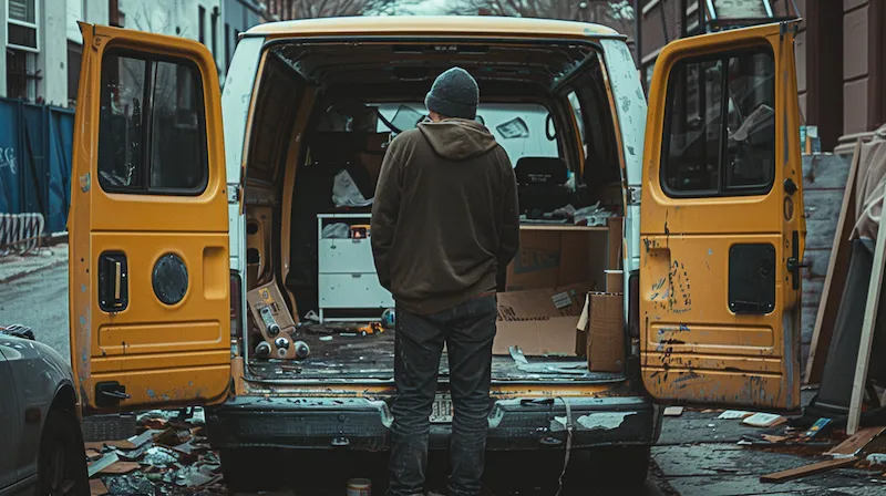 Hooded man breaking into a van in the street